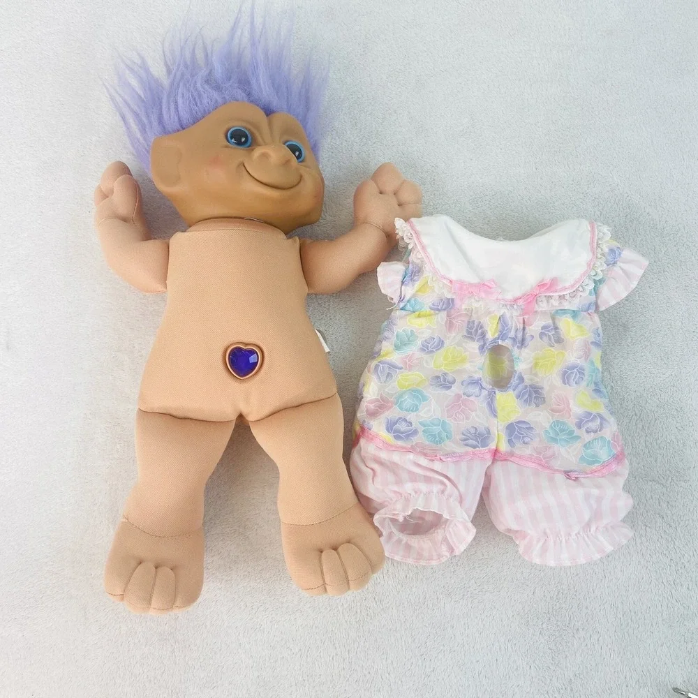 Vintage Ace Novelty Treasure Trolls Doll Purple Hair Purple Gem Jewel Belly